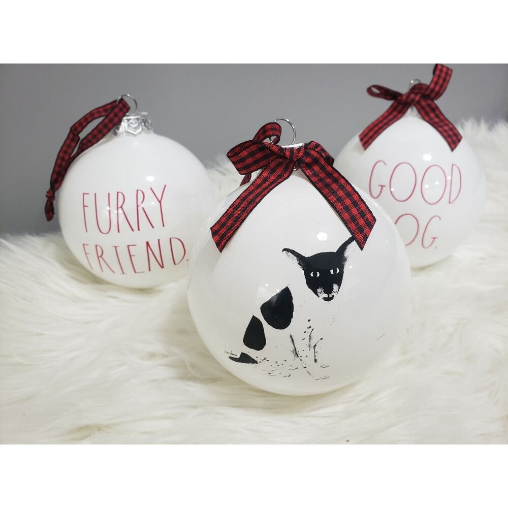 Rae Dunn FURRY FRIEND Set 3 GOOD DOG Glass Christmas‎ Tree Ornaments Adopt Vet